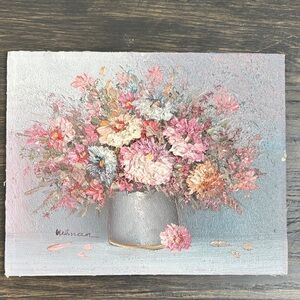 Vintage oil painting,signed Helman, ,flowers, pinks/blue, 8x10”, no frame
